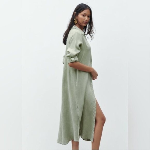 Zara 100% Linen Shirt Dress Long Sleeve Khaki Green Button Front - Picture 1 of 16